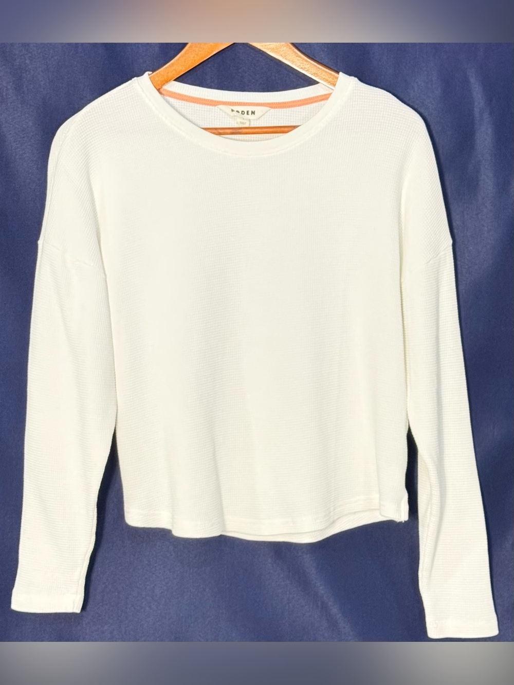 Boden White Waffle Knit Long Sleeve Top Small Textured Crew Neck Layering Shirt
